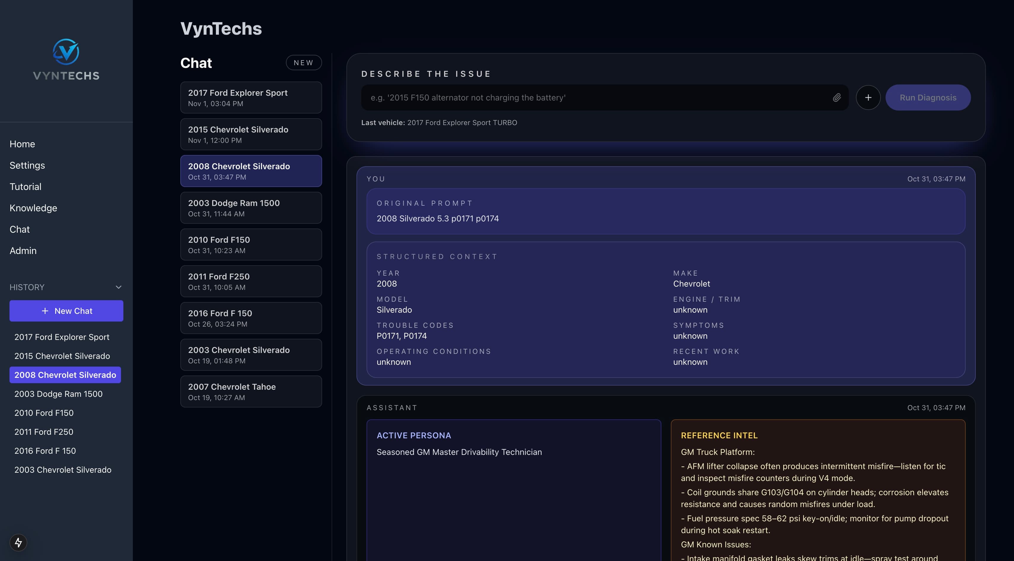 Desktop dashboard showing an active VynTechs chat and diagnosis